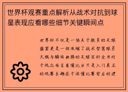 世界杯观赛重点解析从战术对抗到球星表现应看哪些细节关键瞬间点