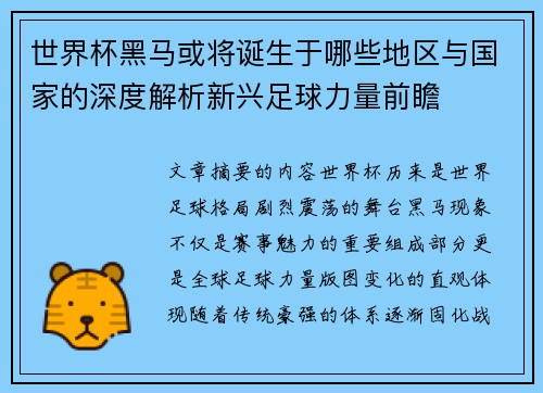 世界杯黑马或将诞生于哪些地区与国家的深度解析新兴足球力量前瞻